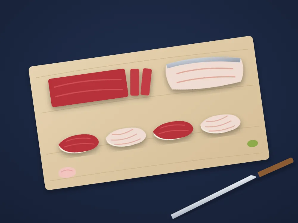 Nigiri made with tuna and seasonal fish on a wooden cutting board